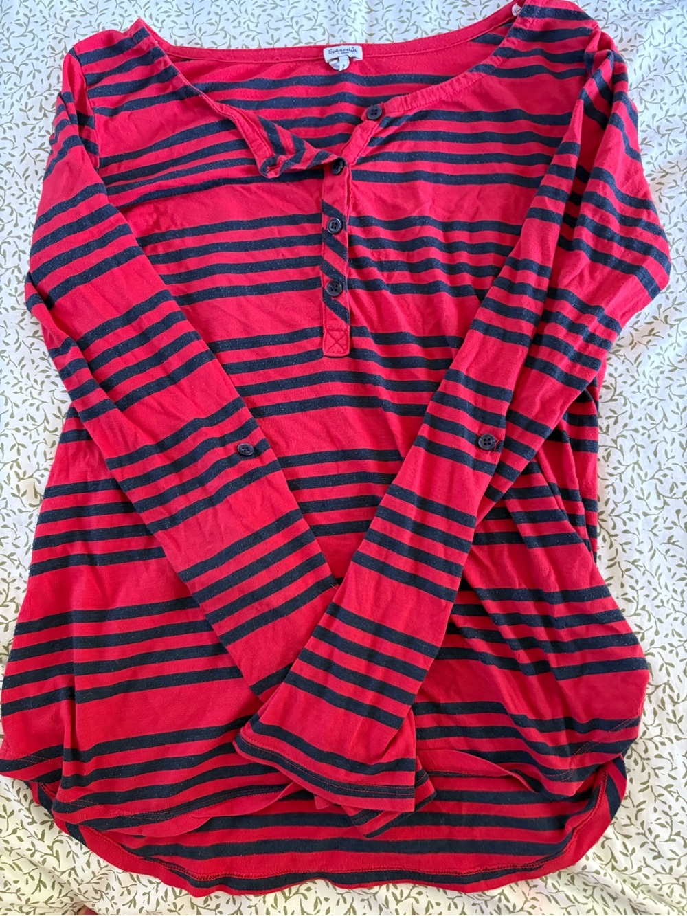 Splendid Red and Navy Striped Long Sleeve Henley Tee